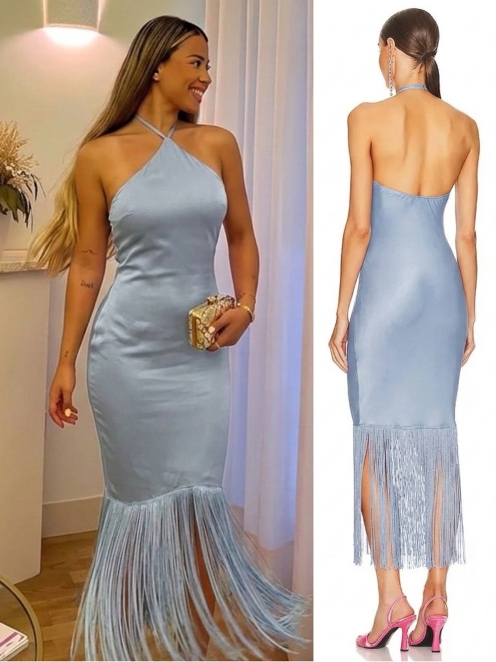 Camila Coelho Payton Halter Neck Fringe Maxi Dress Dusty Blue NEW with tags